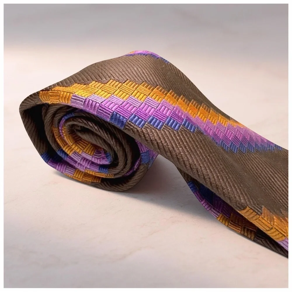 Bijan Handcrafted Silk Tie – Italy – Brown, Purple, Gold Stripes - Picture 5 of 10